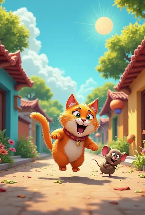 A playful cat chasing a clever mouse through a vibrant, traditional village. The cat is determined, and the mouse looks scared but resourceful. The village has colorful houses, lush trees, and a bright sunny sky. The scene is lively and humorous, with a ca...