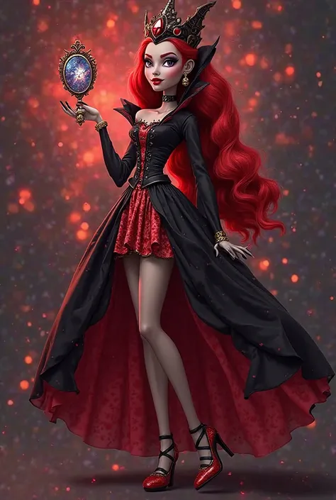 Personagem feminina de ever after high, Daughter of the Evil Queen,with dark skin and red and black hair,black crown with red jewels,Wearing a red and black dress ,red and black heels,with a magic mirror in hand and powers of chaos