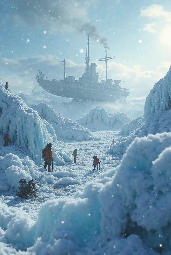 A colossal frozen dockyard where tiny workers chip away at ice to free ancient airships trapped in glaciers. The cold air shimmers with frost, and the sky glows in shades of blue and silver. Ultra HD, macro shot, cinematic lighting, steampunk arctic world.