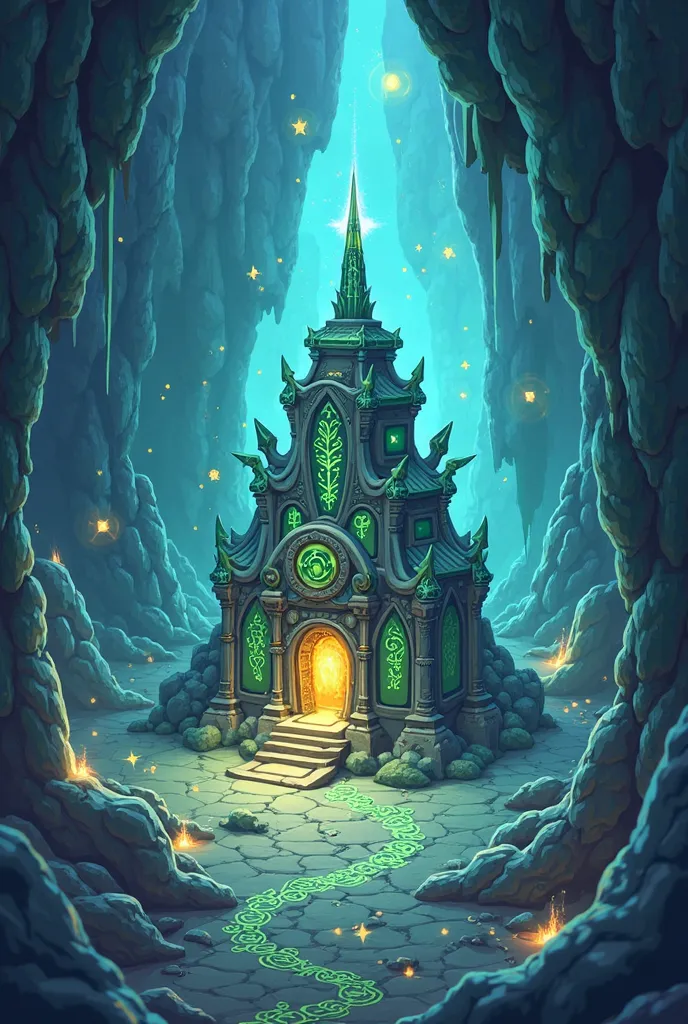 a close up of a small blue and green building with a cave, clash of clans style, mythical cosmic shrine, isometric game asset, game asset, 3 d icon for mobile game, ingame image, cave town, herrarthstone, unknown, mythical shrine, odin's stone arena backgr...