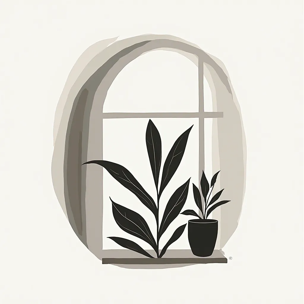 An abstract, artistic logo inspired by a houseplant on a windowsill, in a sophisticated monochrome palette with subtle gradients. Focus on fluid, organic shapes and expressive lines that hint at the plant and window without clear depiction. The composition...