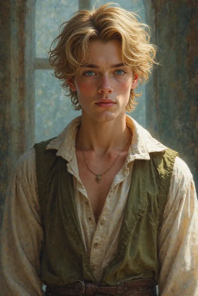 very handsome man , , Blue-eyed blond , simple peasant clothes , between 16 and 18 years old , left a fantasy book 