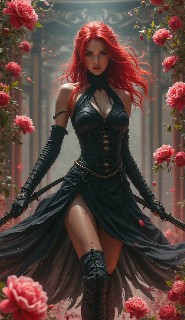 Female assasin with black warrior dress and black lace up boots, red hair, she kills the empress of immortality , many peony flowers with blood