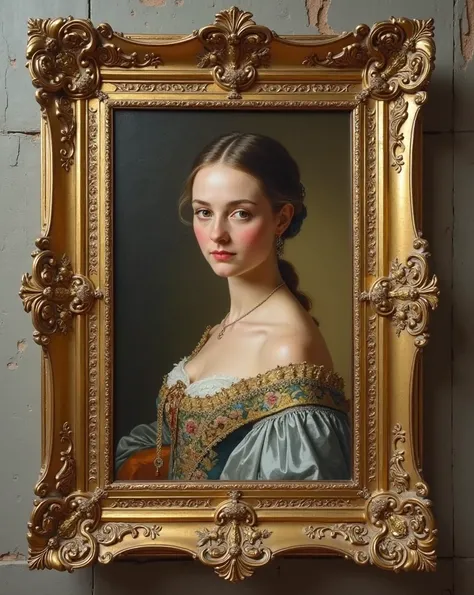 Oil painting of a Russian duchess from the 1700s, encased in a golden frame, on a greyish wall 