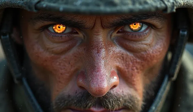 Close-up view of the eyes of a military soldier filled with determination and fear, reflects the fire of battle in it. High Resolution, Masterpiece, High Details, Textured Skin, 