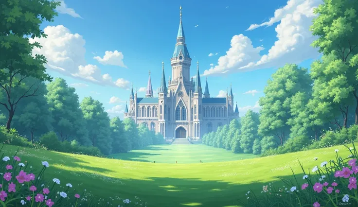 anime background, green lawn with the Magic Academy Castle in the background