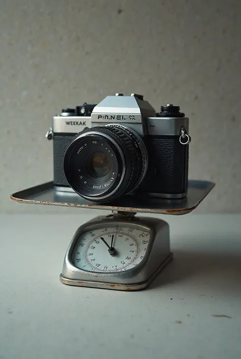 Generate a highly detailed and realistic image of a Panaflex 35mm film camera on a weight and scales setup with the prominent name of *taha sheikh weight and scales* with the camera taking up approximately 2/3 of the frame. The remaining 1/3 of the frame s...