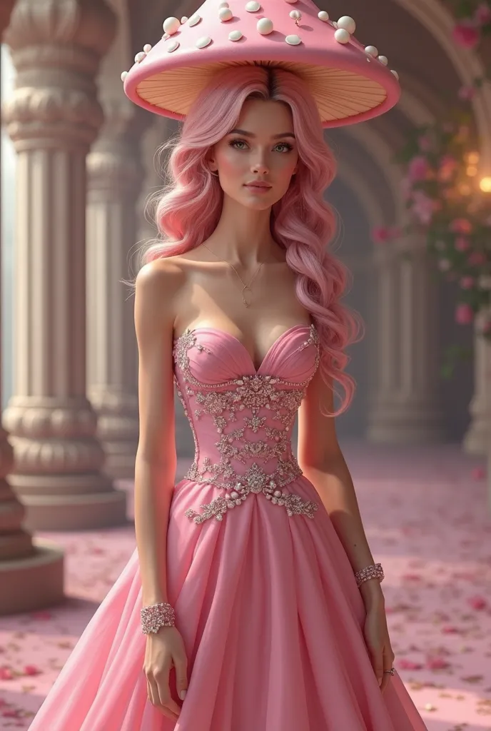 Creer une demoiselle dhonneur avec une magnifique robe rose sexy avec une magnifique coiffure tresser au cheveux rose avec un petit chapeau champignon rose a pois blanc comme toadette realiste