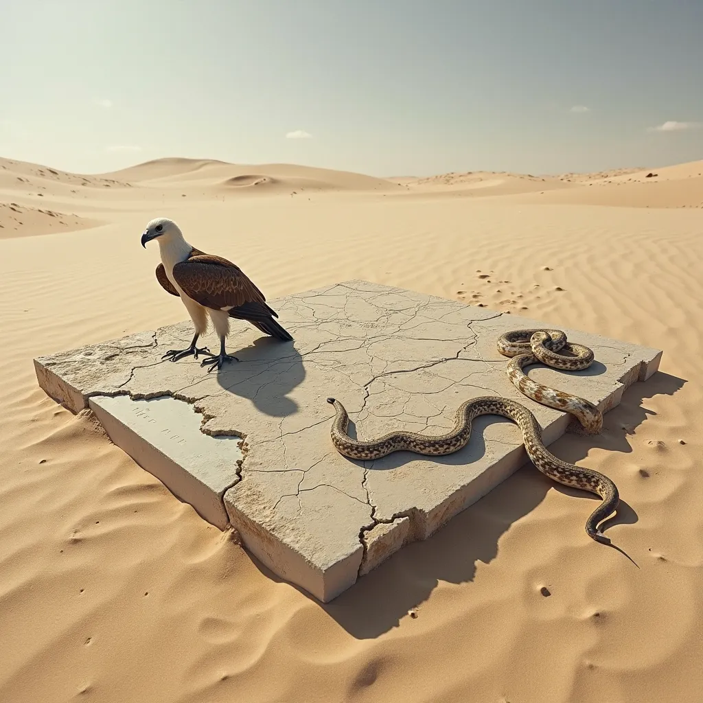  desert под палящим солнцем в зените, without long shadows. In the center of the sandy landscape lies a concrete slab in the form of an accurate map of Ukraine. The edges of the plate are smooth, as if the map was filled into the. Rivers are marked on the ...