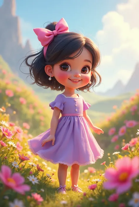 Make a Pixar-style character in a lilac dress and bow in her hair 