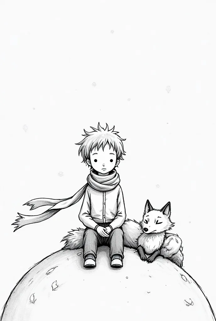 A detailed black and white drawing of The Little Prince sitting next to the fox. They are facing us, sitting on a small planet. The Little Prince wears a scarf wrapped around his neck, slightly flowing (:1.8). They share a gentle and calm expression. The f...