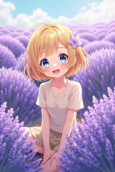 girl smiling, blonde, blue eyes, sitting in a field amidst lavender,  Anime style