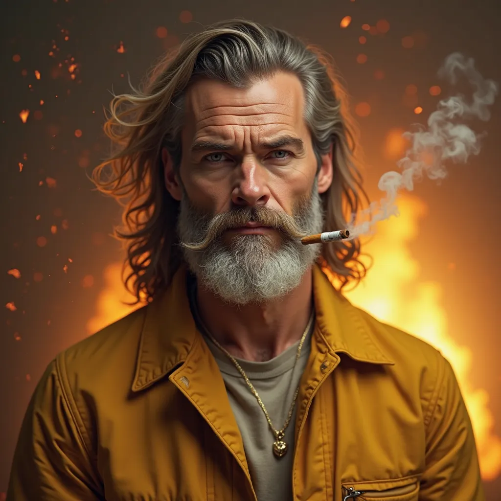 a handsome super realistic person having perfect sharp jawline and having white moustache and beard with a brown colored cigarette. He is wearing simple yellow ochre colored clothes super ultra realistic fire background.  he should have long perfect realis...