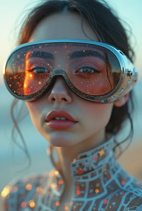 The model is wearing glass sunglasses with stars and the moon on the glass