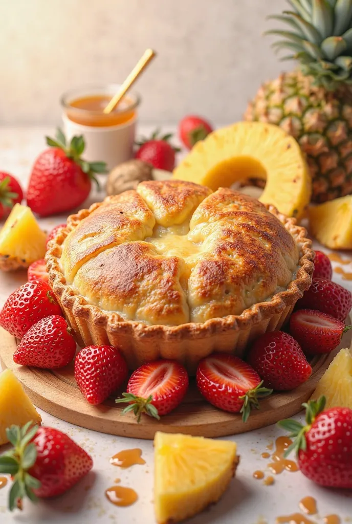 Pie surrounded by strawberry, Pineapples and Cajeta