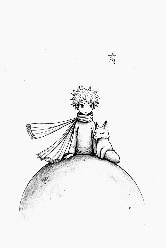 A detailed black and white drawing of The Little Prince sitting next to the fox. They are facing us, sitting on a small planet. The Little Prince wears a scarf wrapped around his neck, slightly flowing (:1.8). They share a gentle and calm expression. The f...