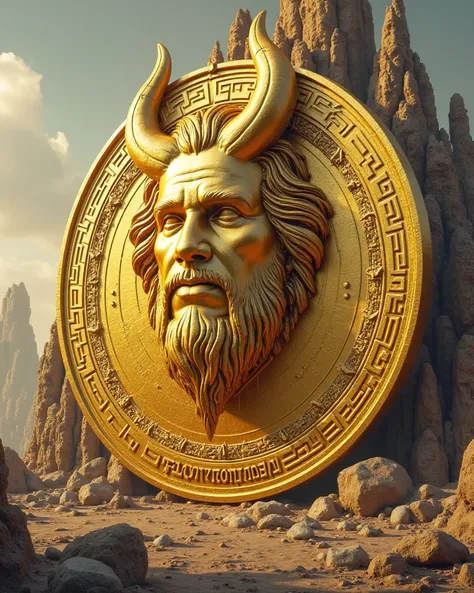 Futuristic image of a giant golden Bitcoin coin, with a man's face carved on it and underneath the face, it says "CRIPTOCORNO", horns come out of the top of the coin