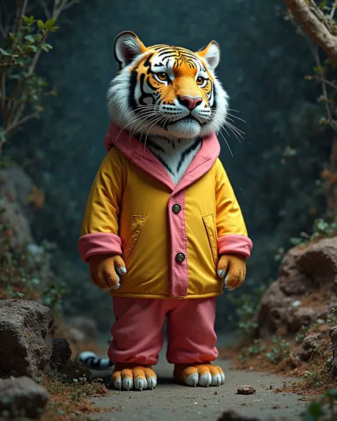 Generate a tiger mine with nightwear,In 3D the clothes are yellow and pink