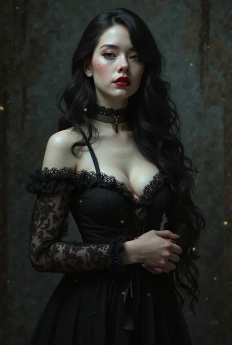 A gothic girl with big boobs wearing a black dress