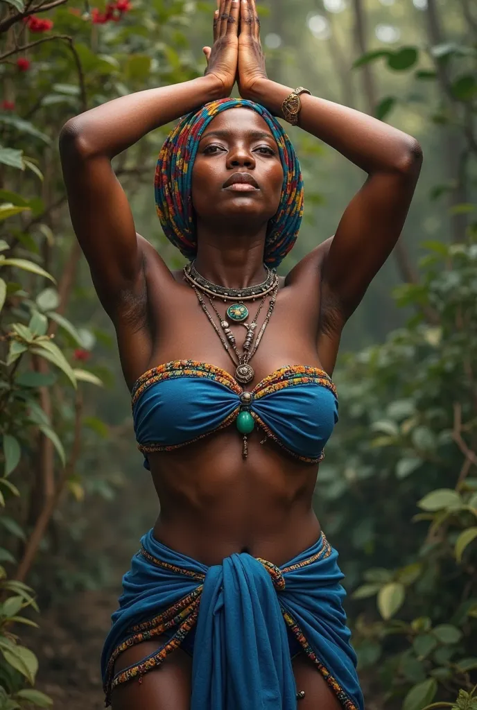 Generate for me an African woman dressed in a blue loincloth and having put on a scarf and raising her arms up 