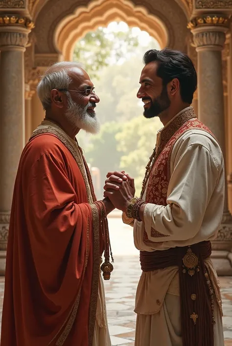 Create a picture of an Indian and a Frenchman clasping hands