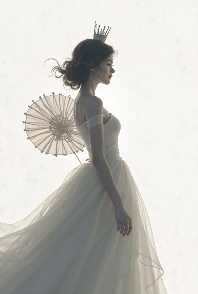 (photorealism:1.2),Shadow of a girl with a crown and wavy hair half her body wearing a dress with an ampon cartoon side profile with white page background 