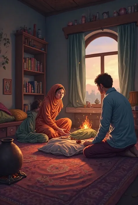 
📌 Scene 2: People Waking Up for Sehri

Prompt:
"Inside a cozy Kashmiri home, a family wakes up for Sehri. A mother gently wakes up her ren, while the father stretches and rubs his eyes. The room has soft lighting, a traditional Kashmiri carpet (Namda), an...