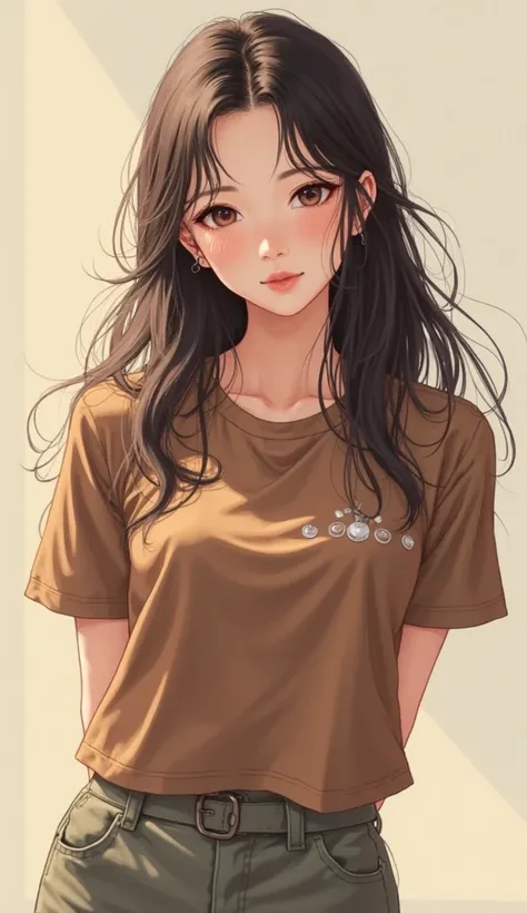 Headshot of a Japanese woman wearing a brown t-shirt with a cute pattern and chinos standing facing the front and stretching her chest with her hands behind her bacヨダレ
