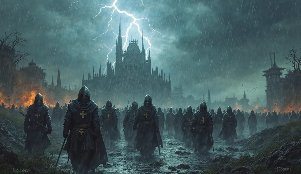 Under a raging storm, crusader knights march through a flooded battlefield, their rain-soaked capes dragging in the mud. Thunder cracks above as bolts of divine light strike down from the heavens, burning demonic creatures lurking in the shadows. Behind th...