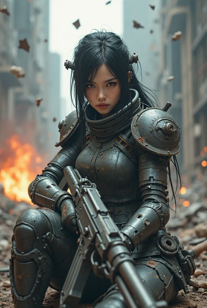 HD photorealistic, charming female Chinese mecha black hair, cybernetic headgear. Wearing a heavy and thick iron costume dark red and white full of scratches and rusty dents, electric sparks damaged. The iron costume has a dual symmetrical mecha-shoulder p...