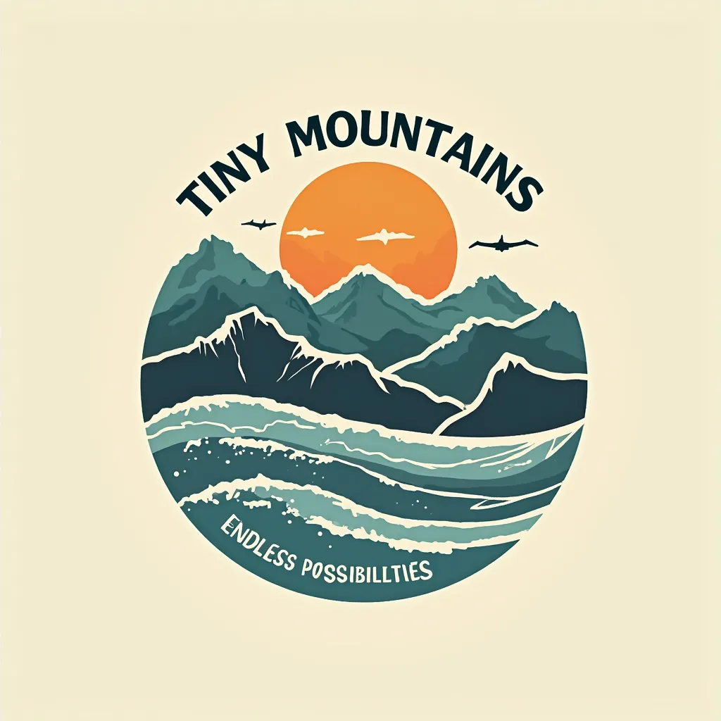 "Create a vintage, 70s/80s-inspired adventure logo for 'Tiny Mountains.' The design should be minimalistic with bold, clean lines and a 1-2 color palette, optimized for T-shirt printing. The artwork must encapsulate the essence of sea, land, sky, and sun, ...