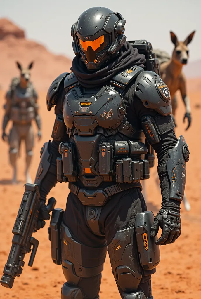 "An Australian super soldier in a desert-camouflaged black exo-suit with an AI-enhanced combat visor. His black mask has a neon orange dingo-shaped pattern, and his armor is lightweight yet durable, optimized for mobility. He wields a plasma boomerang that...