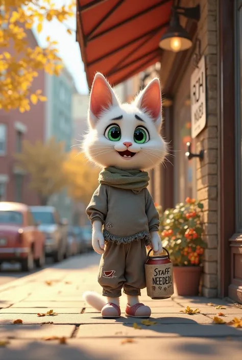 "An emotionally charged and hopeful scene set in a daytime urban environment, rendered in a 3D cartoon style with saturated colors and soft details. The scene is illuminated by soft sunlight, which casts delicate shadows on the busy sidewalk. In the backgr...