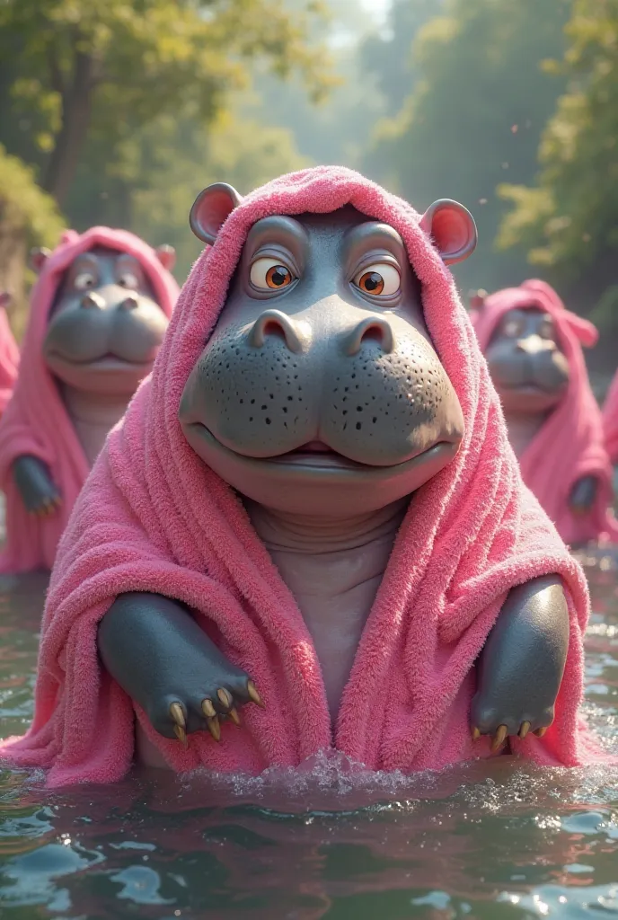 Hippos wearing pink towels