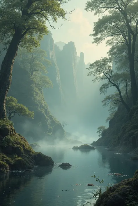 mystical mists, Moving across an enchanted lake, in the distance you can see the outlines of Avalon.