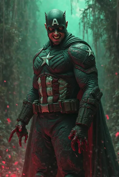 Captain america is changed evil his costume so horror and mixed with dark red and green and his logo is squid