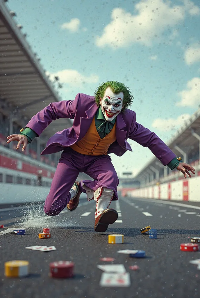 On the race track, Joker trips and falls while running.
