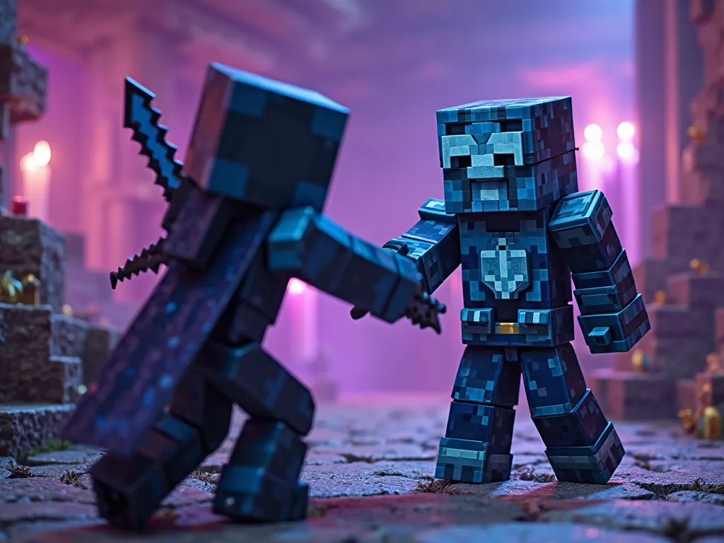 Image of a Minecraft warden fighting a character from Minecraft who has shiny blue and black armor in an environment of colors between purple, blue and black and a shiny black sword all themed after the Minecraft game, Also that it has a title that says DU...