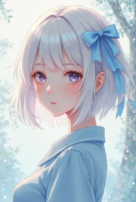 Create an anime version of a woman with short white hair and a light blue ribbon on the back of her head, wearing a light blue shirt , And with a pretty face