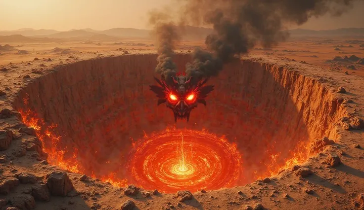 The gate to hell in a desert on Earth, a pit of red fire with two terrifying red eyes in the middle and fierce fire surrounding the pit.