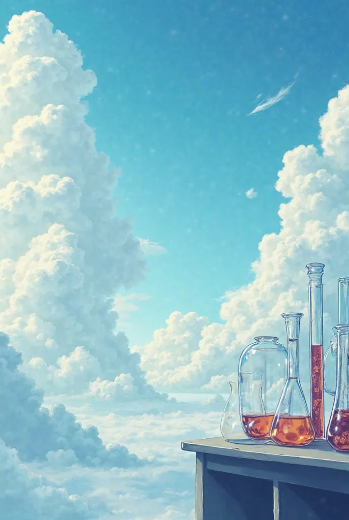  sky with clouds ,On the right side test tubes ,on the left side counter where you keep chemistry glass things 