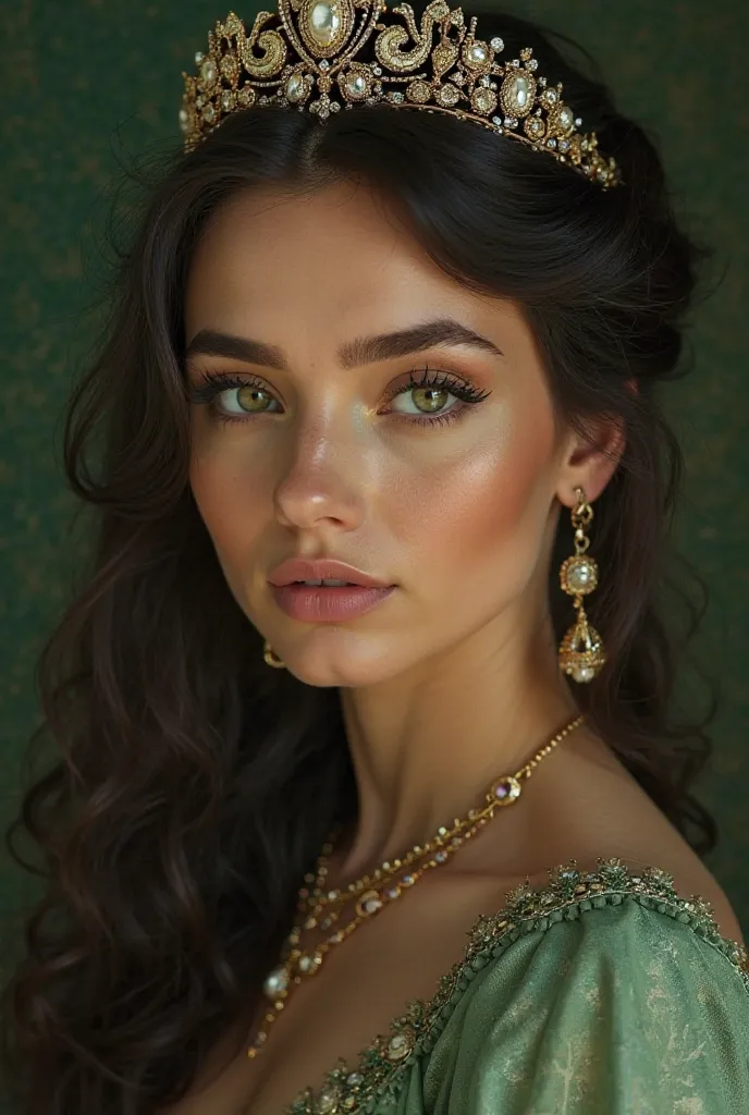 a beautiful Russian woman , detailed face, detailed eyes, detailed lips,  long lashes, beautiful skin, long hair, ornate jewelry,  green dress,  serene expression, dramatic lighting, film composition,  photorealistic, dancing, green eyes, golden skin Dark ...