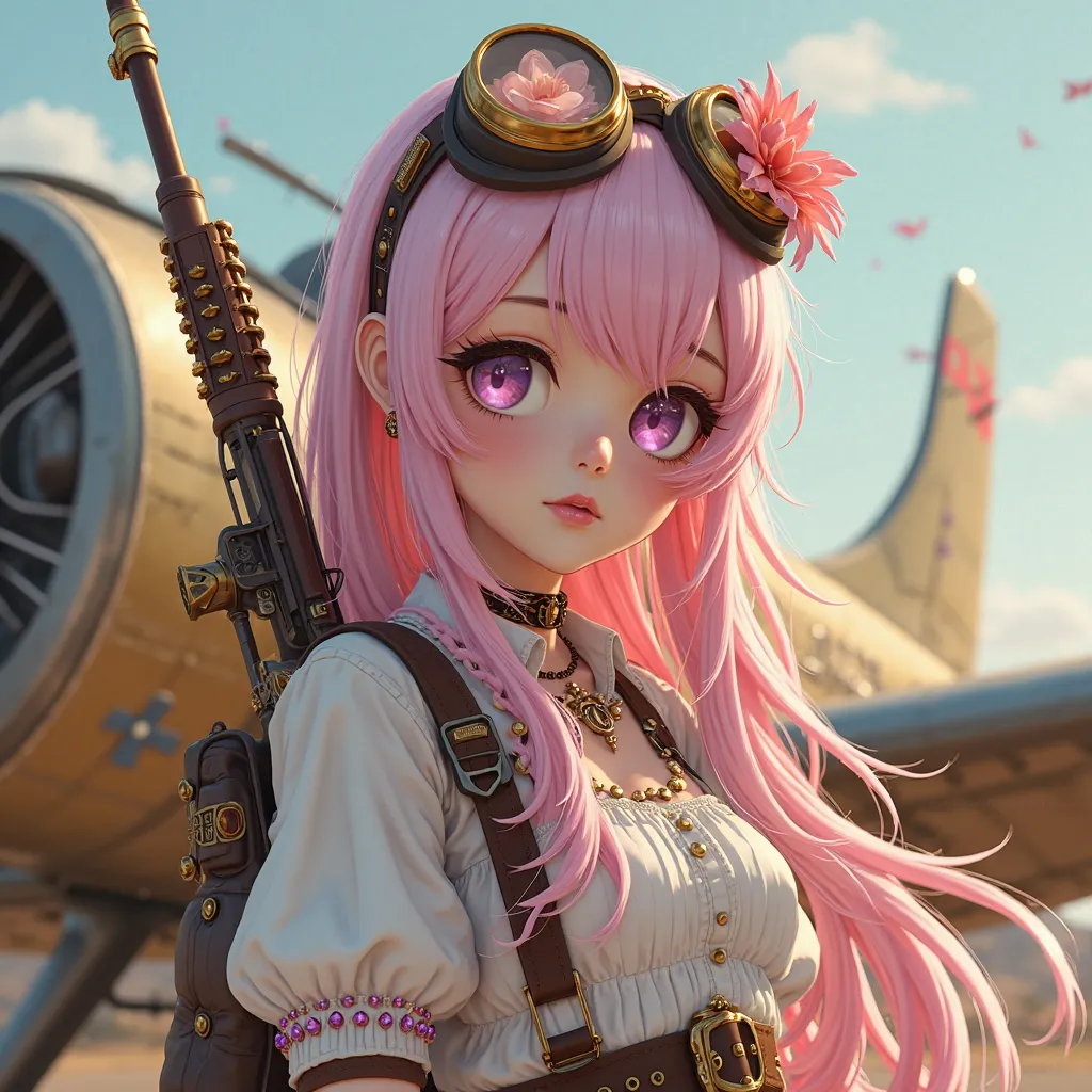 overall steampunk style, a cute western-style girl in her 20s, her eyes are pale purple, her hair is long and fluffy, pale pink hair, And、ranunculus flowers,clothes are steampunk style,accessories are decorated with jewels, goggles,the NMD logo is written ...