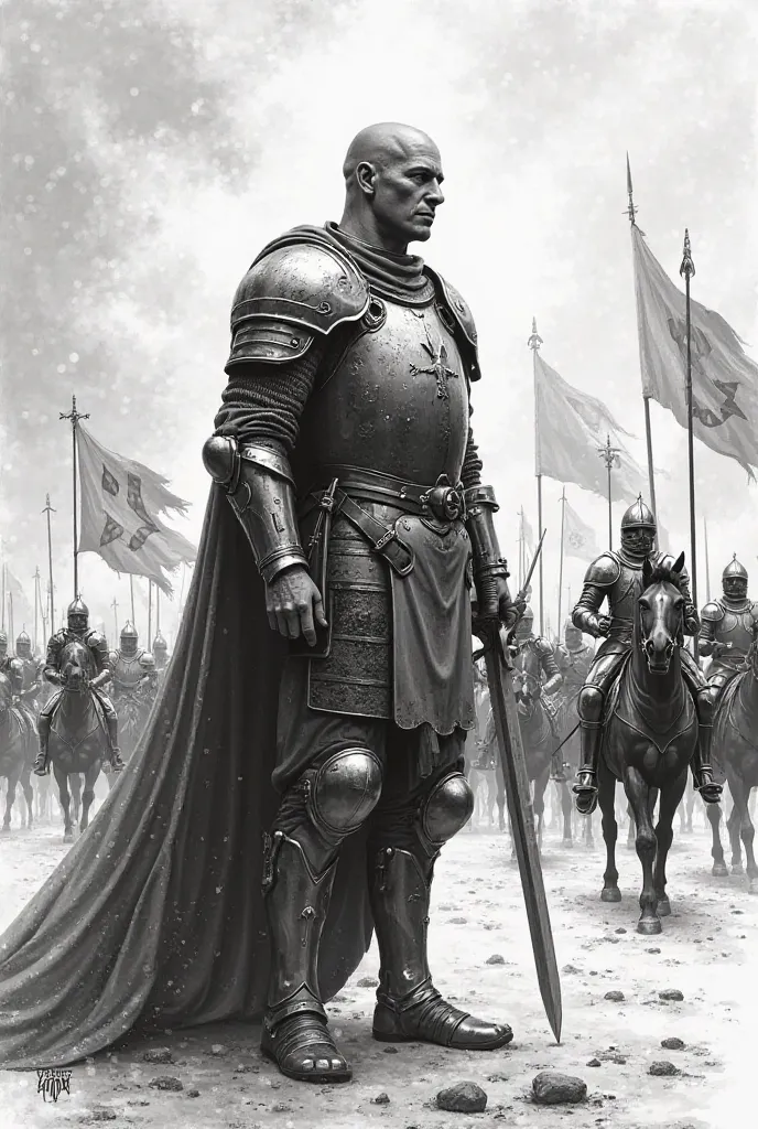 create a sketch for a tattoo about Baldwin IV

Main scene:
The design shows King Baldwin I of Jerusalem in the foreground, standing in a majestic pose,  holding a large sword in both hands , stuck to the ground or held in a leadership position. His armor s...