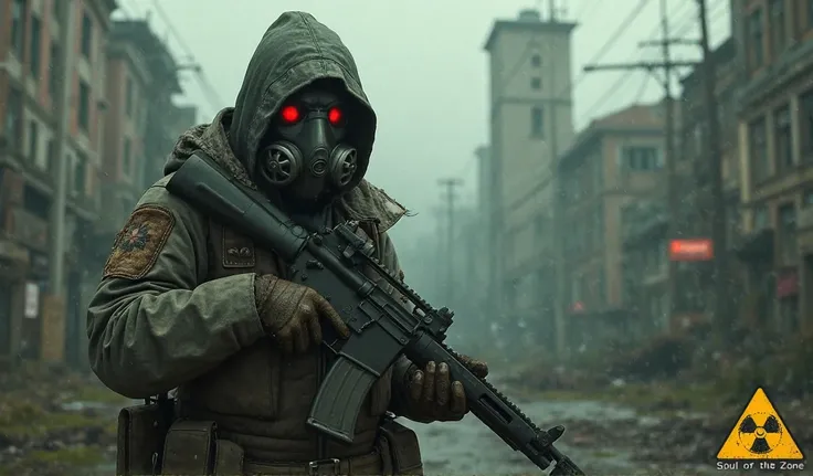 A stalker in a gas mask and with a gun in his hands looks directly at the screen against the background of an abandoned city from the STALKER game, bottom right corner radioactive logo and name under the logo - Soul of the Zone,upper left corner lettering ...