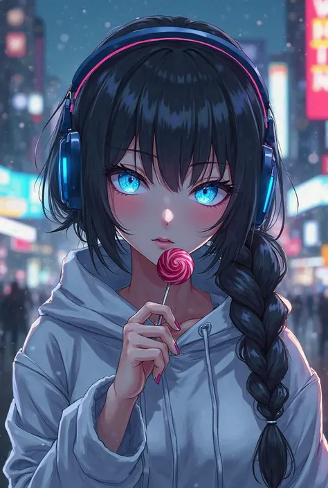 female bad girl, Hoodie sweater, using headset, cool,  Close-up shirt, futuristic city feel, anime style somewhat narrow eyes, hair braid, white hoodie ,  blue eyes light up , I'm packing a lollipop,