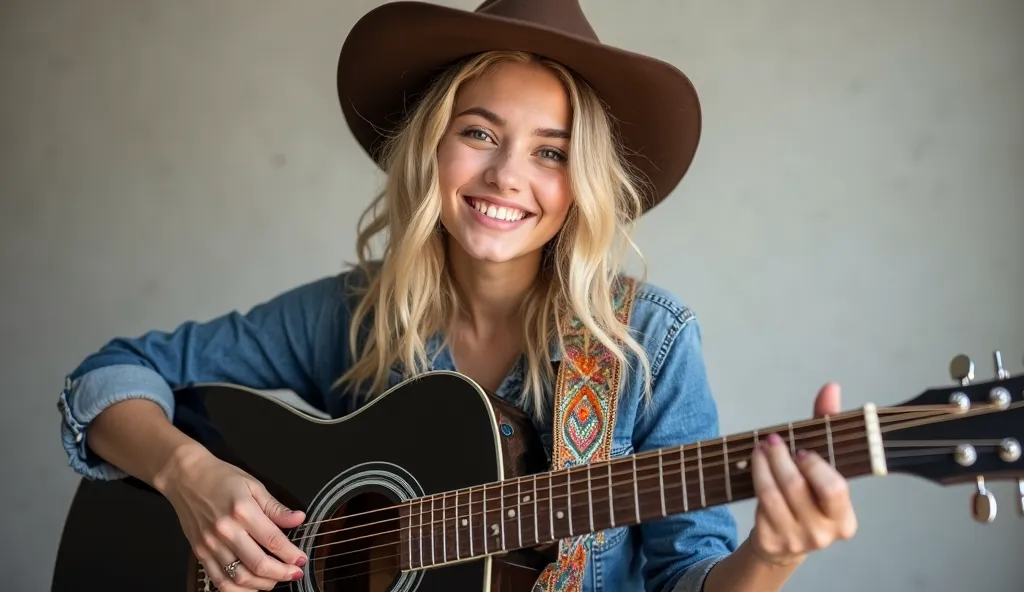 (photorealism:1.2), "A blonde Girl with a warm smile, wearing a cowboy hat and a denim shirt, holding a black acoustic guitar. The guitar strap features a colorful, intricate design. The man is sitting or standing in a simple, studio-like setting with a cl...