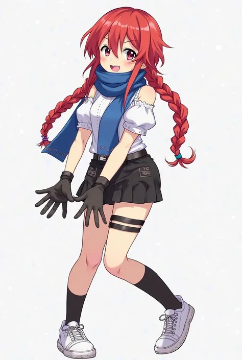  She has long hair with braids , red,A white blouse with the shoulders out she wears a blue scarf and black gloves covering 3 toes she has a short black skirt she wears black socks almost to the knee and wears sneakers, She has a black band on her thigh wi...