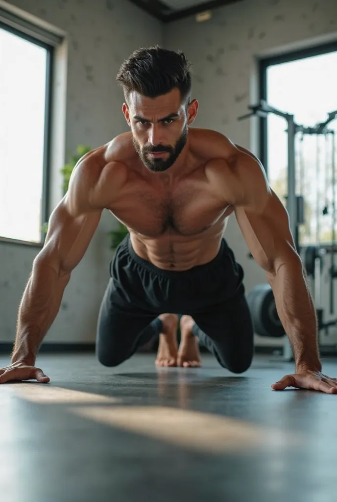 A fit and athletic South Asian male, around 32 years old, performing an ab crunch exercise in a modern fitness studio. He has short, well-styled hair, a neatly trimmed beard, and an intense, focused expression. His muscular yet lean physique is highlighted...