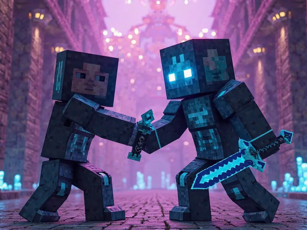 Image of a warden monster from the video game Miencraft fighting a character from Miecraft who has shiny blue and black armor in a purple environment, blue and black and a shiny black sword all themed after the Minecraft game, Also that it has a title that...